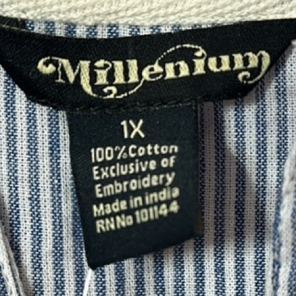 Millennium 100% cotton, blue and white striped embroidered floral top, plus size - Picture 6 of 8